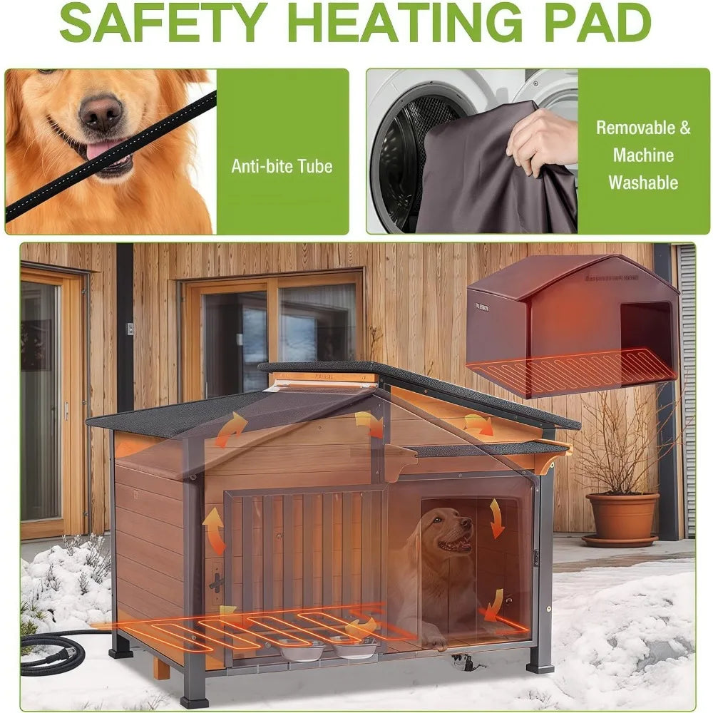 Heated Insulated Outdoor Dog House With Heating Pad Weatherproof Shelter
