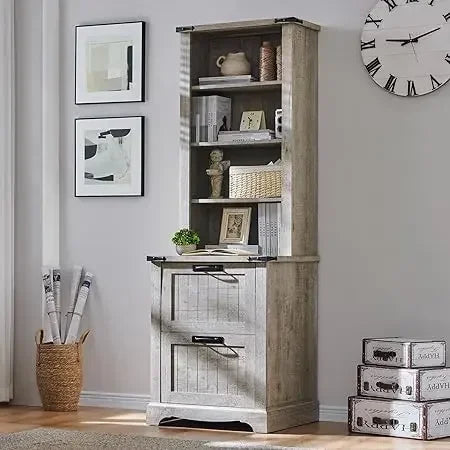 XMSJ Farmhouse Bookcase With 2 File Drawers And Shelves