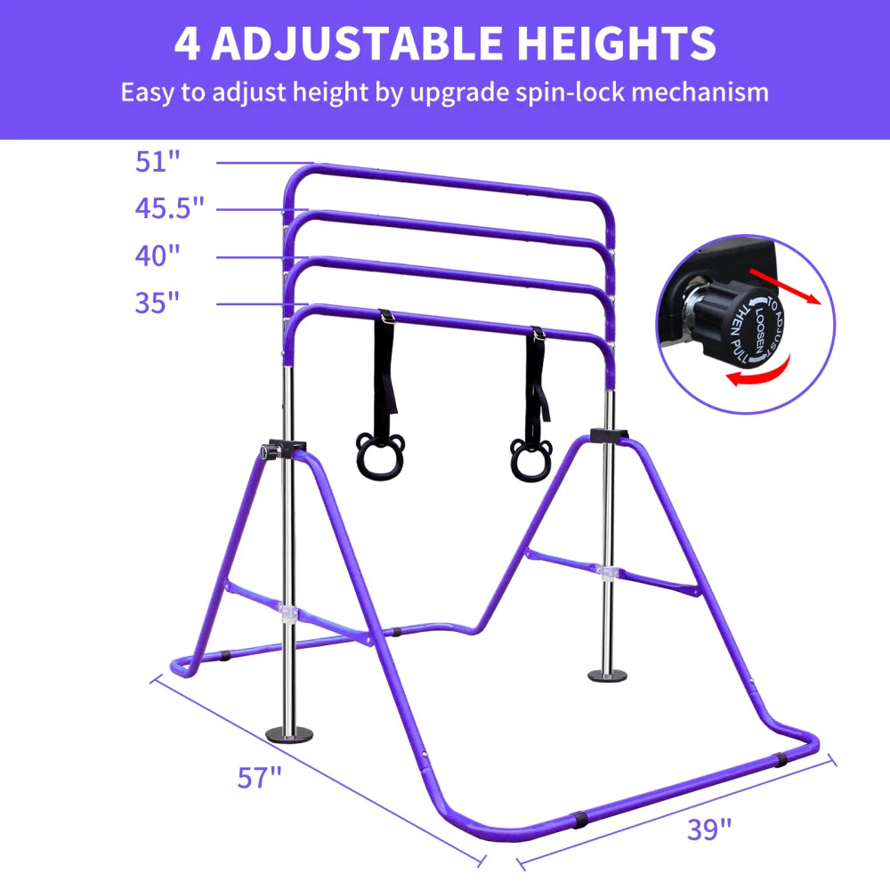 Purple Adjustable Height Children's Gymnastic Bar with Bear Rings