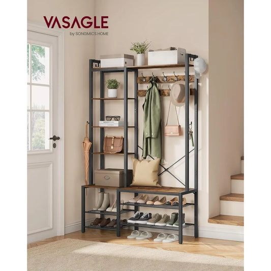 Hall Tree with Bench and Shoe Storage, Entryway Coat Rack with Shoe Bench, 5 Storage Shelves, 9 Coat Hooks, 6 Side Hooks, 15.7