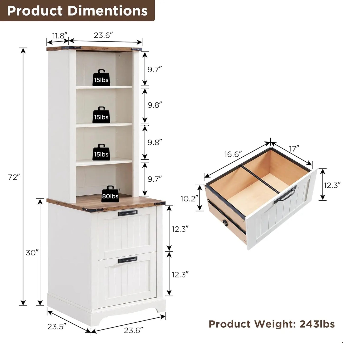 XMSJ Farmhouse Bookcase With 2 File Drawers And Shelves