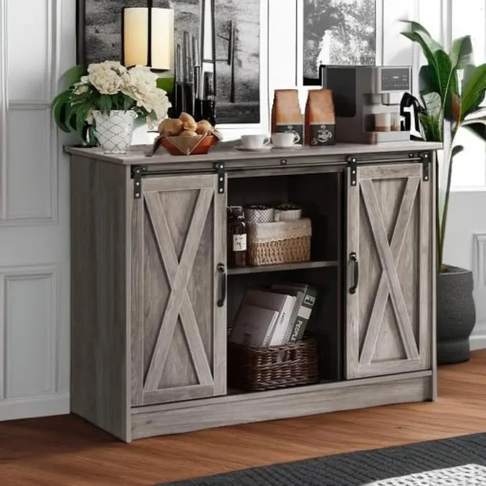 Angduo Farmhouse Coffee Bar Cabinet With Sliding Barn Door