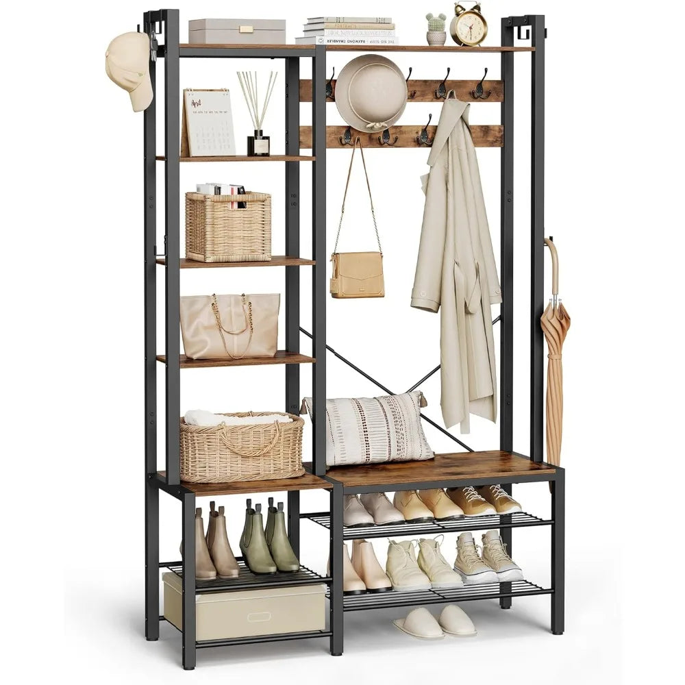 Hall Tree with Bench and Shoe Storage, Entryway Coat Rack with Shoe Bench, 5 Storage Shelves, 9 Coat Hooks, 6 Side Hooks, 15.7