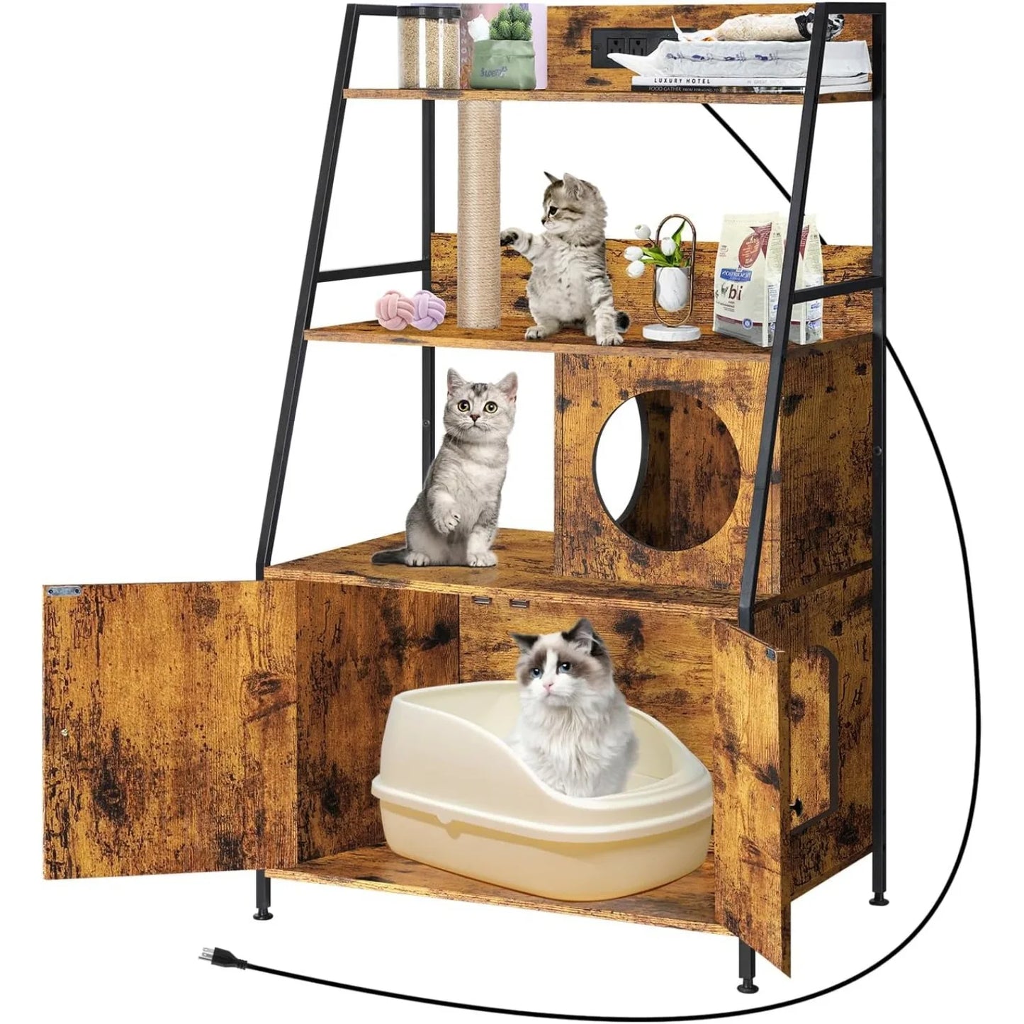 Space-Saving Tall Cat Litter Enclosure with Charging Station