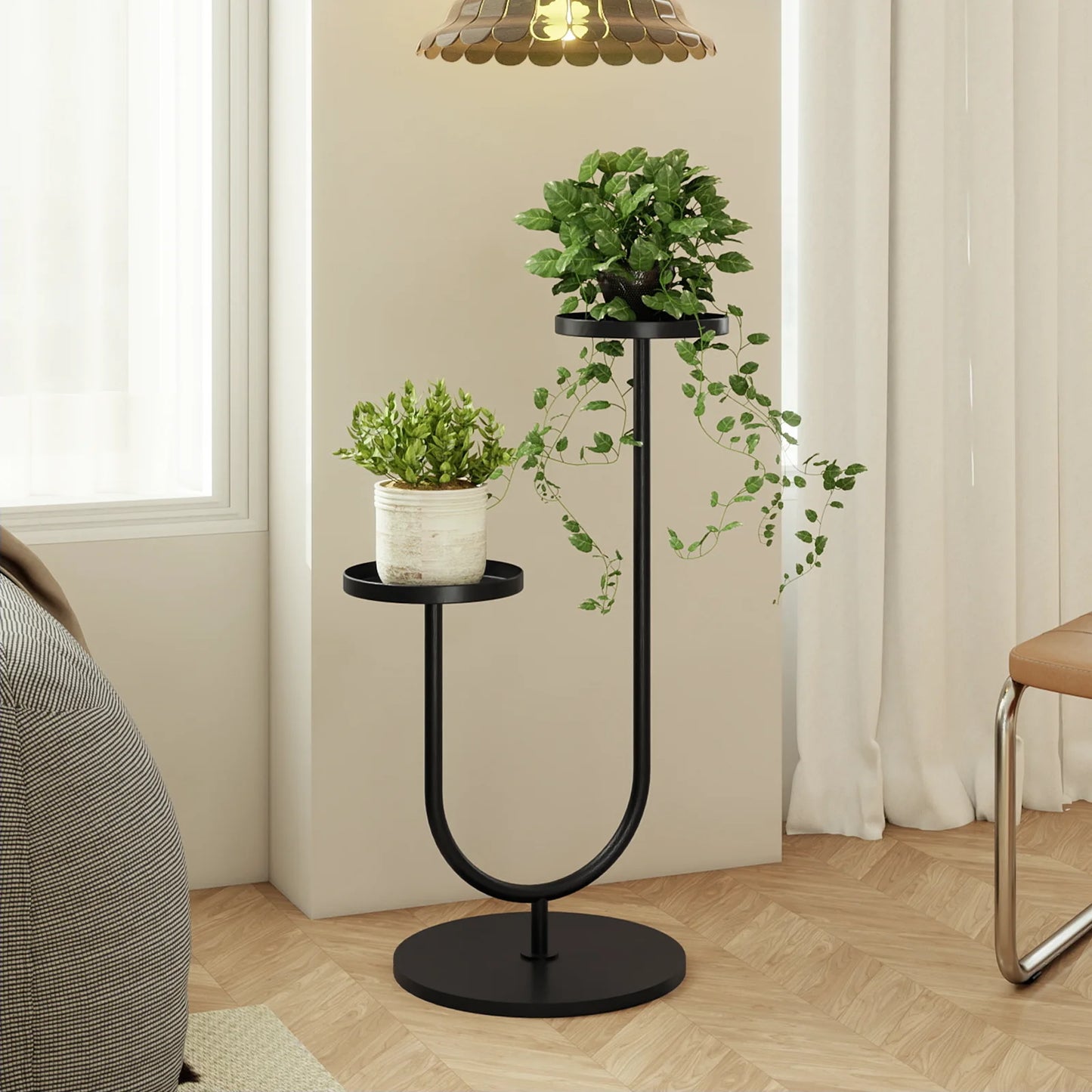 Bamworld Heavy-Duty Industrial-Grade Alloy-Metallic U-Frame Two-Pot Indoor Plant Stand