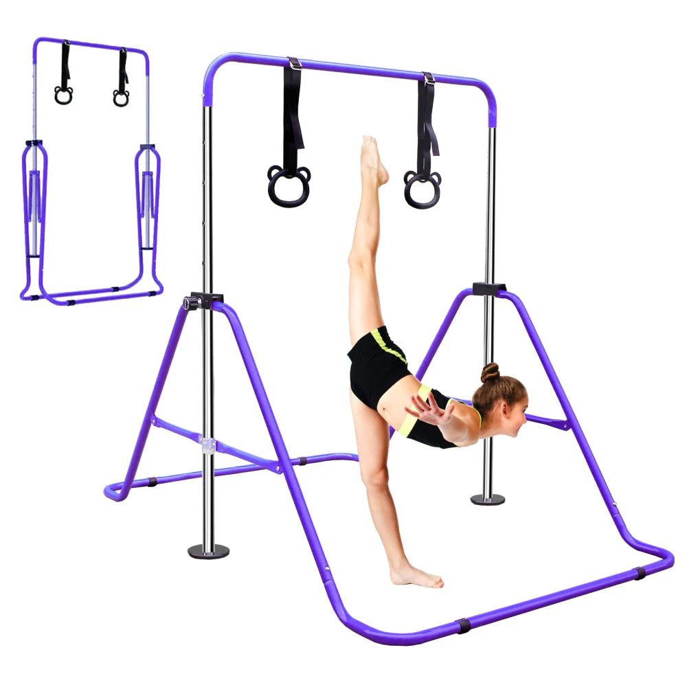 Purple Adjustable Height Children's Gymnastic Bar with Bear Rings