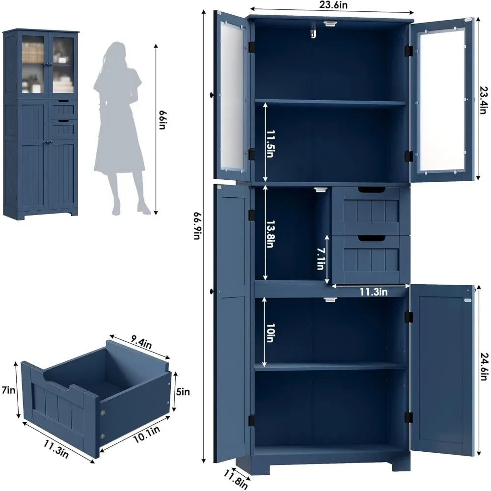 XMSJ Bathroom Storage Cabinet With Frosted Glass Doors Wooden Drawers