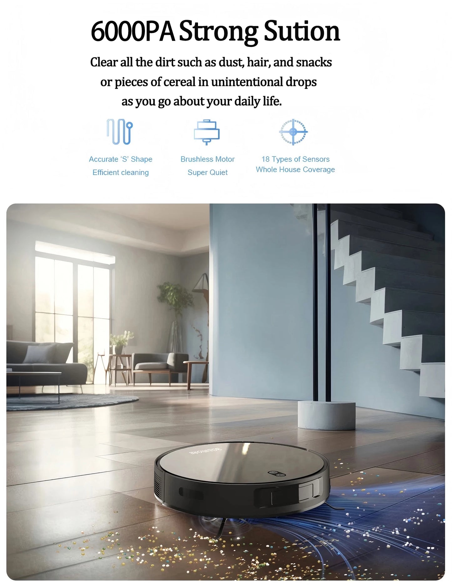 BOAIMORE Robot Vacuum Cleaner With Mop 6000Pa Suction App