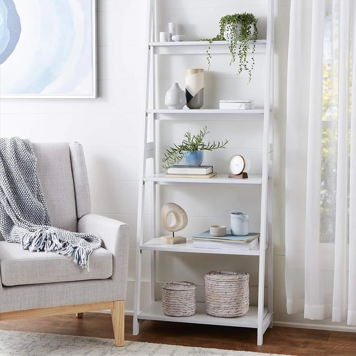 XMSJ Ladder Bookshelf Organizer Five Tier Rubberwood