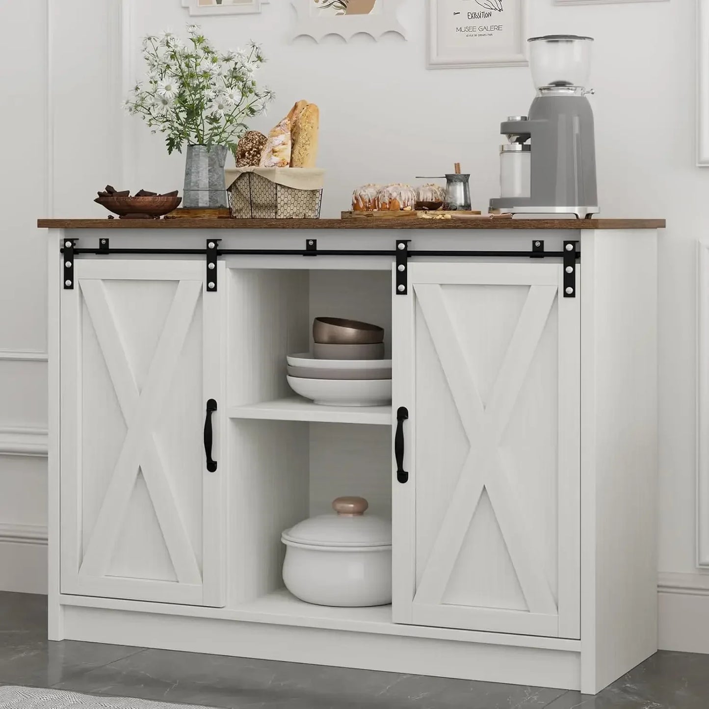 Angduo Farmhouse Coffee Bar Cabinet With Sliding Barn Door